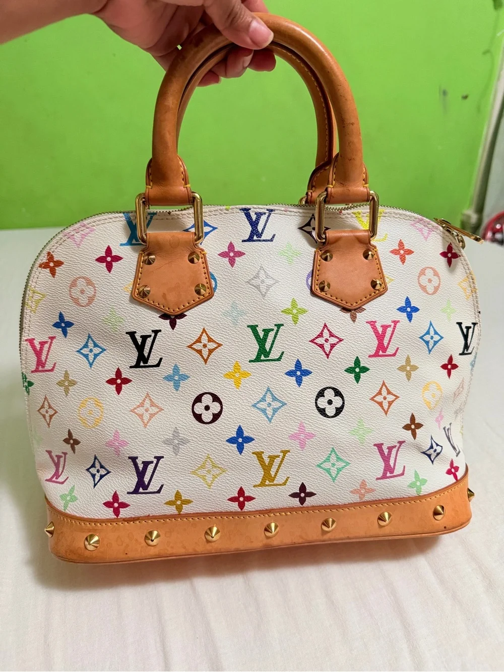 Louis Vuitton White Multicolor Monogram Alma Satchel with Tan Trim